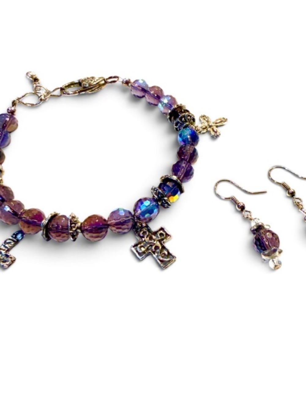 Custom Deep Amethyst Color Crystal & Cross Silver/Bracelet/Earring Set Sz L NWT